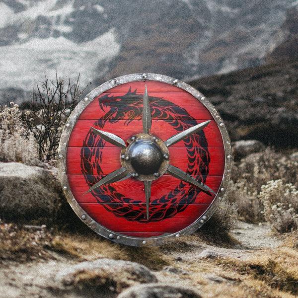 Jormungandr Plank Viking Shield with Steel Braces, 24 Red